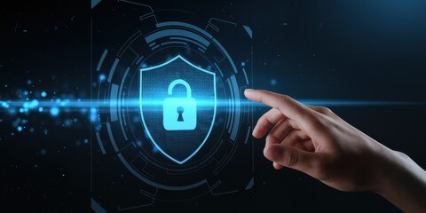 Futuristic Cyber Security Concept with Hand Reaching Towards Digital Shield