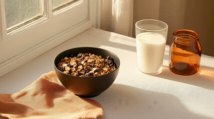 bowl of granola with milk sits on sunlit table, creating warm and inviting breakfast scene