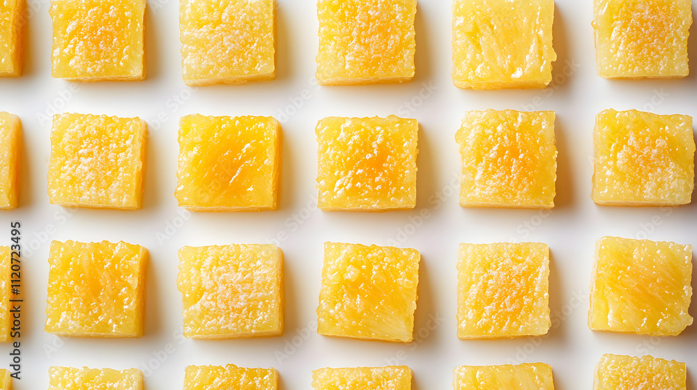 Poster overhead shot of multiple square pieces of yellow pineapple fudge arranged in a grid pattern on a wh