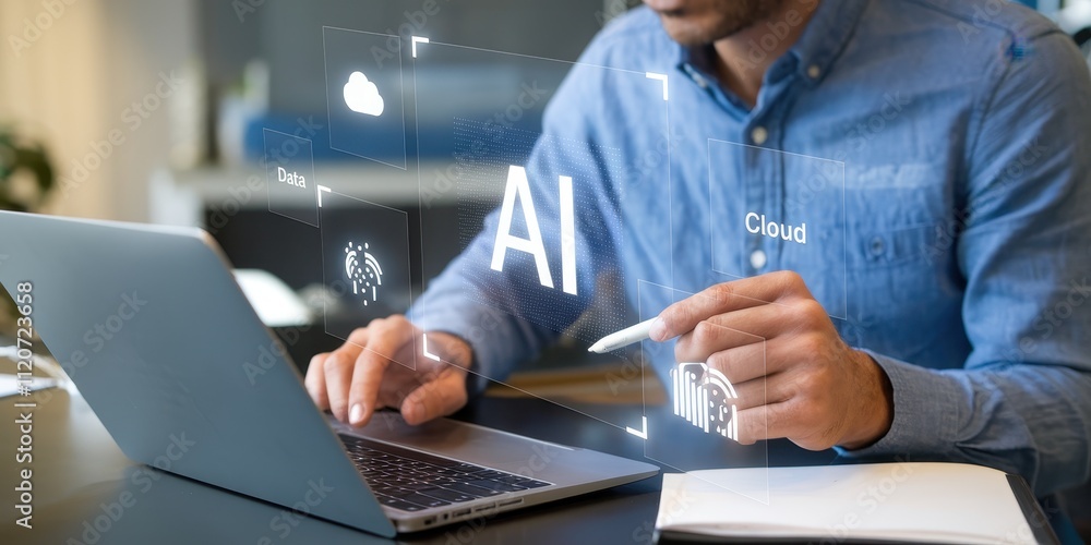 Poster man using laptop with ai and cloud technology concepts