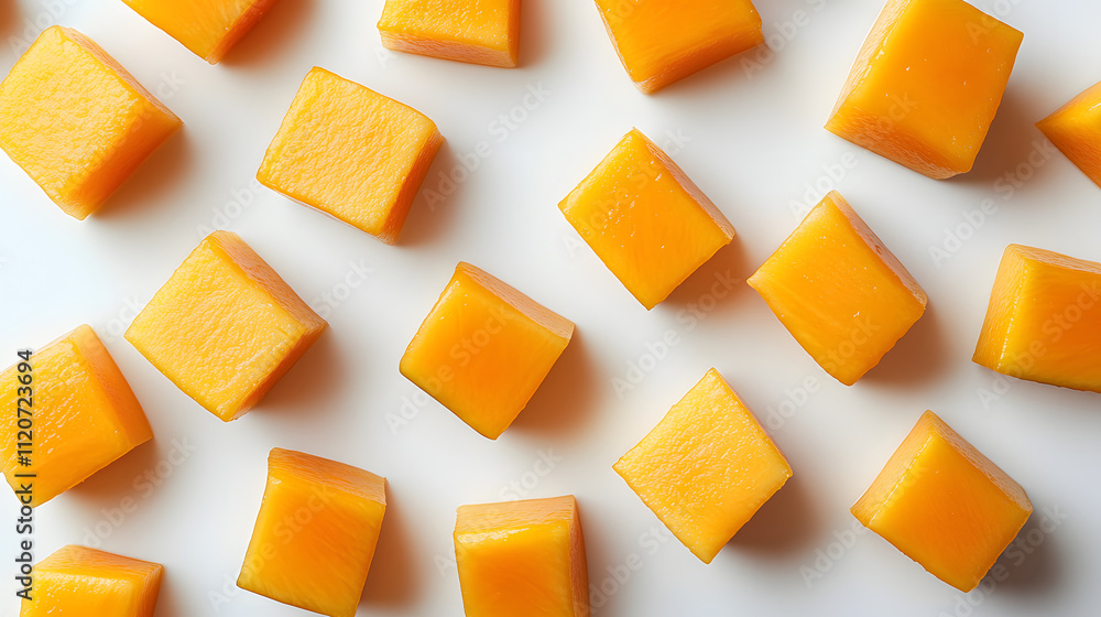 Aufkleber overhead shot of numerous vibrant orange mango cubes arranged on a white background. the cubes are n