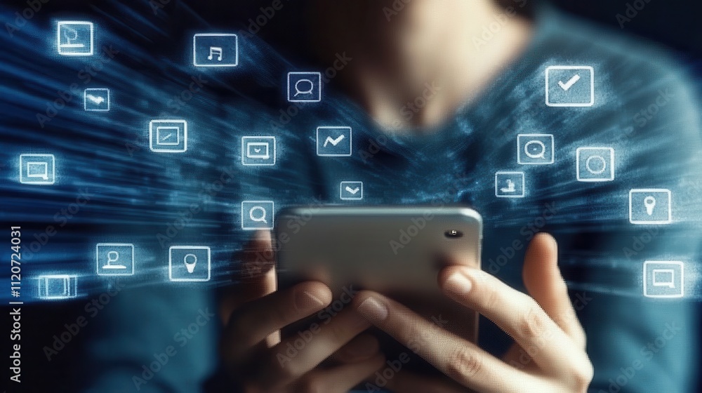 Poster smartphone with digital icons enhancing communication and interaction