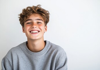Cheerful Teenage Boy with Short Wavy Hair Smiling Brightly Against a Minimalist Background