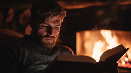 Obraz premium Cozy man reading book by warm fireplace glow