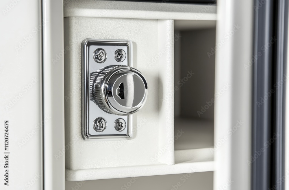 Aufkleber close-up of a modern safe lock mechanism with a silver dial and keyhole design for enhanced security