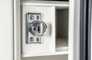 Naklejka premium Close-Up of a Modern Safe Lock Mechanism with a Silver Dial and Keyhole Design for Enhanced Security in Home or Office Environments
