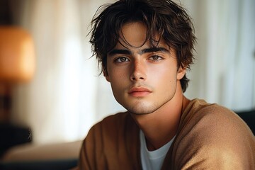 Obraz premium Young Man Portrait in Soft Natural Light with Warm Colors Minimalistic Peaceful Introspective