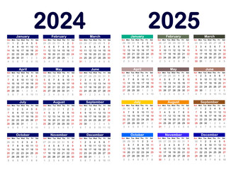 Calendar 2024,2025 years.Simple template. Week starts Sunday,template of pocket or wall calenders,Portrait orientation,English.