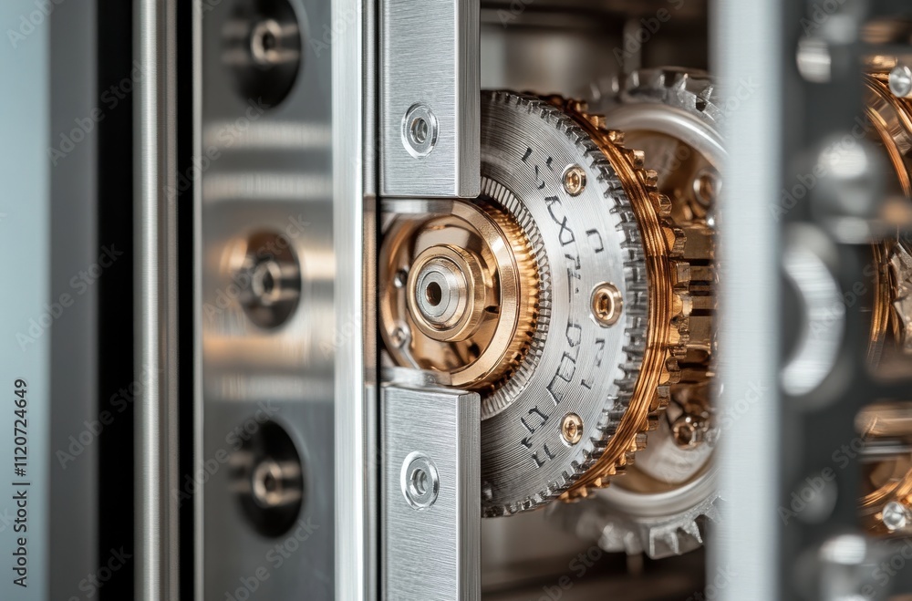 Poster close-up of mechanical gear system showcasing precision engineering with metal components and intric