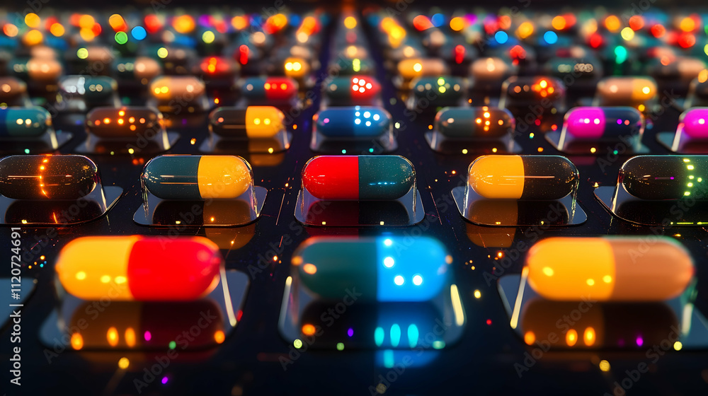 Poster Colorful capsules arranged in rows on a reflective surface.