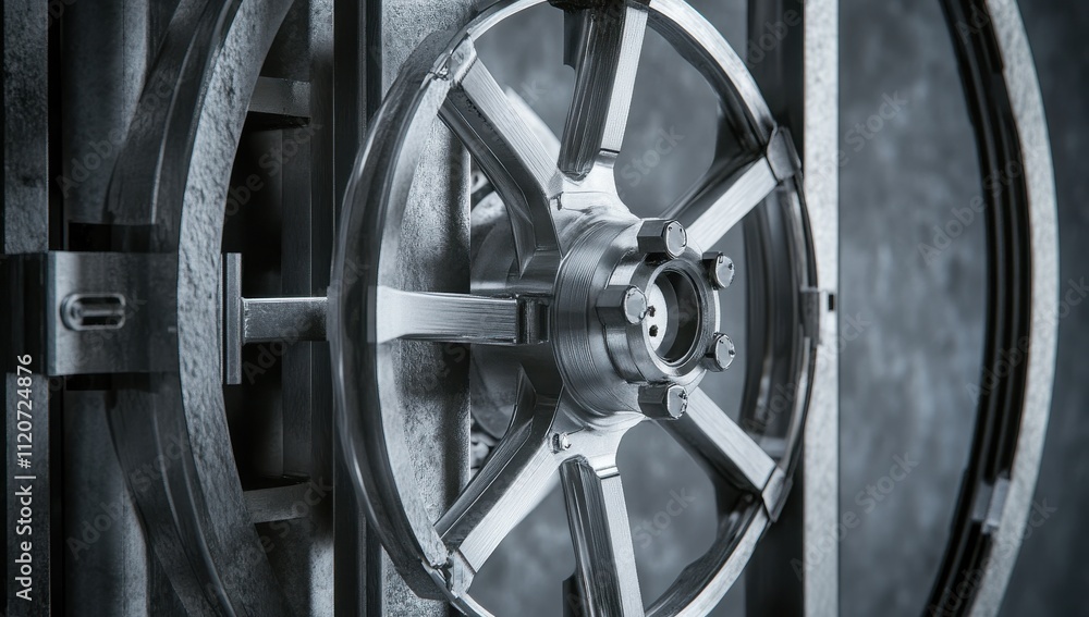 Poster close-up view of a metallic safe door with a stylish wheel mechanism highlighting security and prote