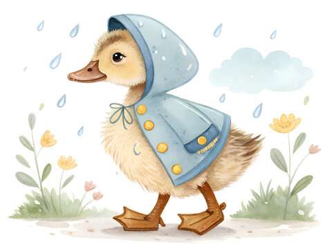 duckling in blue raincoat walking in the rain clip art preview