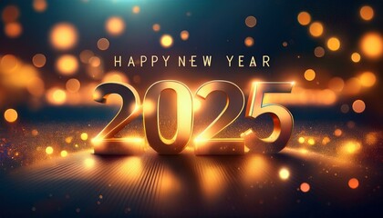 bokeh background a vibrant illustration featuring glowing neon text Happy New Year 2025 with festive decorations, a cheerful red and gold design, and elements symbolizing celebration and holiday cheer