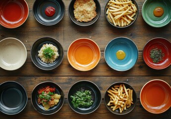 Colorful Arrangement of Bowls with Various Types of Food on a Wooden Table Surface for Culinary and Gastronomy Inspiration