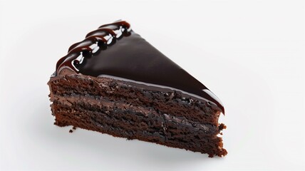 Lifelike photo of a rich chocolate cake slice with glossy ganache
