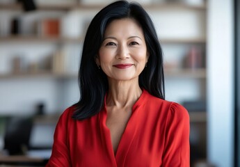 Confident Asian Woman in Red Blouse Smiling in Modern Office Environment with Bookshelves and Soft Lighting