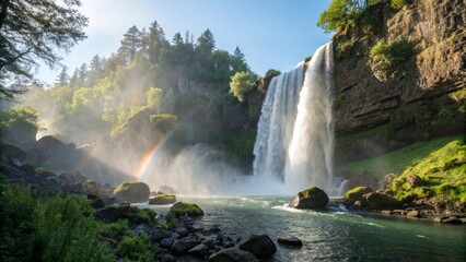 Fototapeta premium A majestic waterfall cascading down rocky cliffs creating mist that catches the sunlight and forms tiny rainbows.