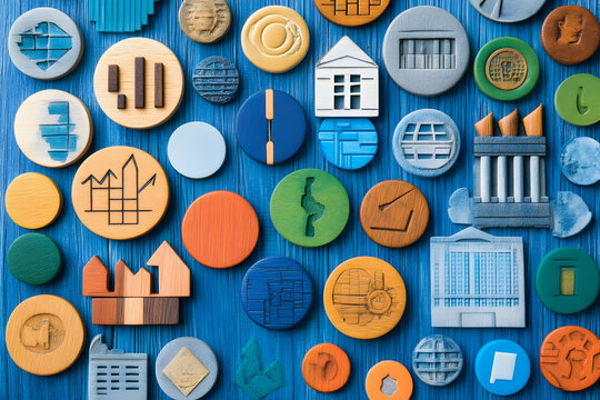 Colorful round tokens with various engraved icons on blue wood.