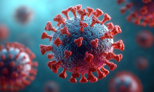 Detailed 3D Rendering of Epstein-Barr Virus Infecting B Lymphocyte with Vibrant Colors and Textures