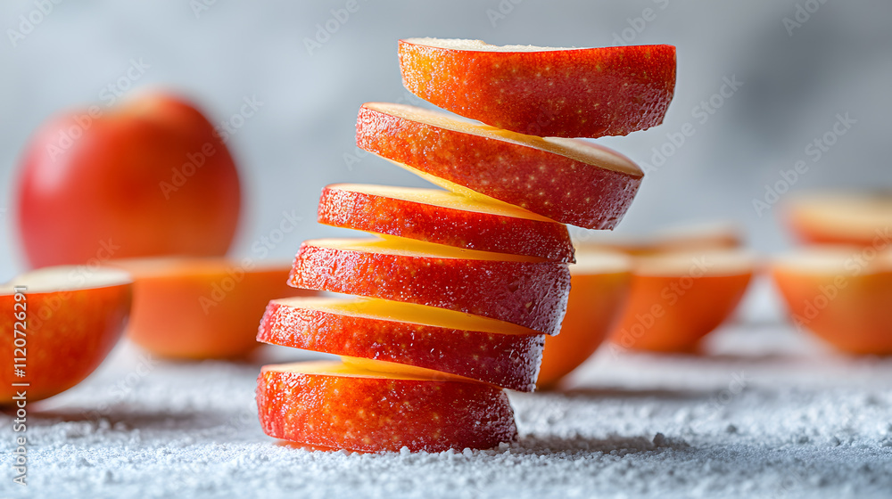 Poster a stack of perfectly sliced red apples stands upright against a blurred background of more apple sli