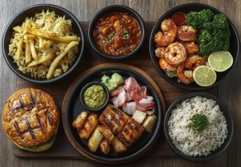 Delicious Assortment of Grilled Shrimp, Savory Sides, and Fresh Ingredients on a Wooden Tray for Culinary Enthusiasts and Food Aficionados