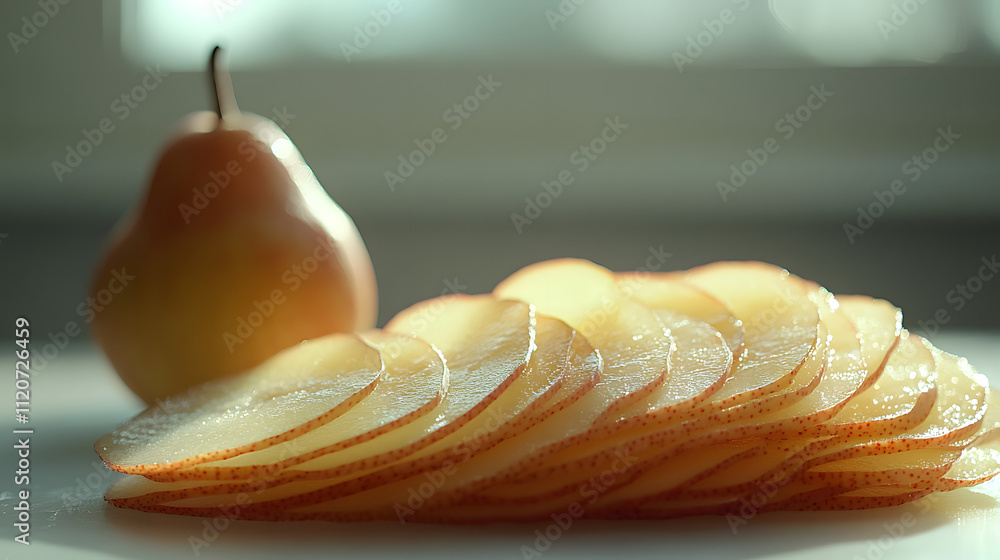 Poster thinly sliced pears arranged in a visually appealing pattern next to a whole pear. the image evokes 