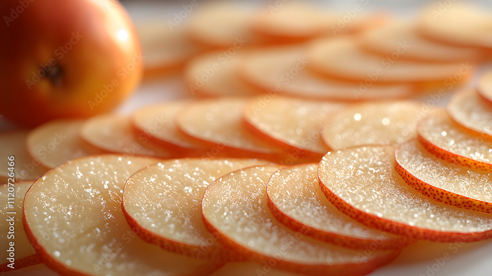 Aufkleber thinly sliced pears arranged in overlapping rows, glistening with moisture. a whole pear sits in the