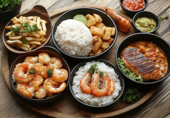 Deliciously arranged seafood platter featuring shrimp, grilled salmon, crispy fries, white rice, rich sauces, and vibrant garnishes on a wooden serving board