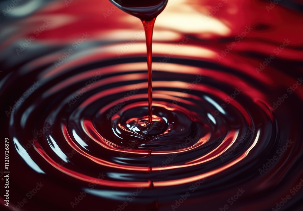 Poster droplets of rich crimson liquid create mesmerizing ripples in a shallow pool, capturing the essence 