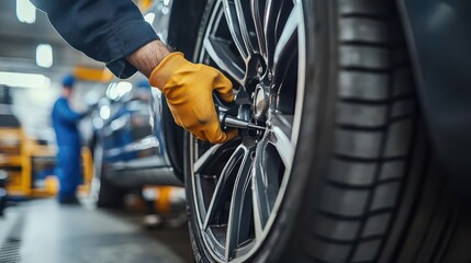 Fototapeta premium A mechanic using a tool to tighten a wheel in an automotive workshop.