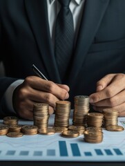 financial freedom independence strategy Concept. Businessman analyzing financial growth with coins