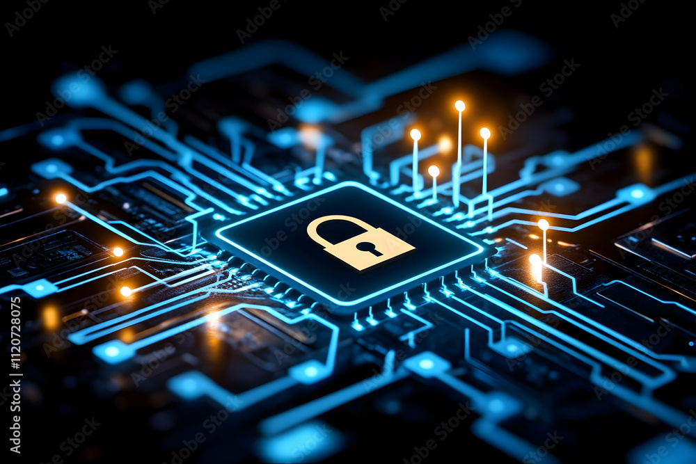 Poster cyber security concept padlock on a microchip.