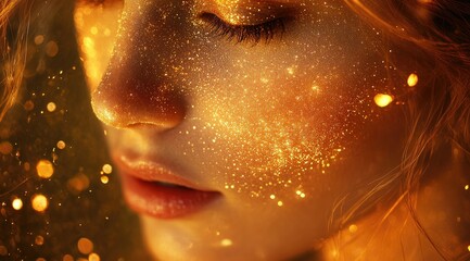 Close-up of a woman's face adorned with golden glitter, eyes closed, soft lighting.
