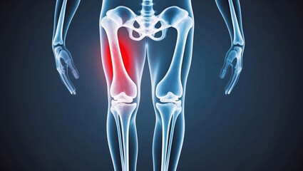 X-Ray Image Showing Human Bones with Red Highlight at Knee Pain Zone Ideal for Knee Health Diagnosis and Treatment Planning