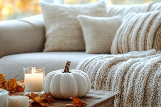 Cozy autumn living room interior with white pumpkin and candles decor for Halloween and Thanksgiving