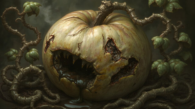 A decaying, monstrous apple with a gaping mouth, spewing dark liquid, surrounded by writhing, poisonous vines