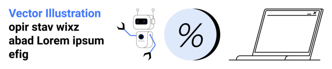 Robot holding text, a percentage symbol on a round blue background, and a laptop. Ideal for technology, robotics, finance, calculation, education, digital strategy, and marketing themes. Landing page