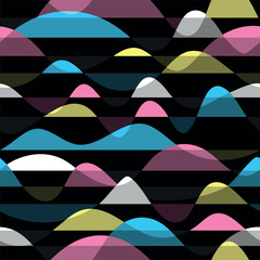 Seamless natural night pattern in CMYK colors. Dark landscape with hills among the water. Hilly, flooded area. Flood in an uninhabited valley with mountains. Multicolor vector islands