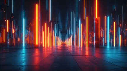 Abstract neon light columns in a dark alley, futuristic digital art.