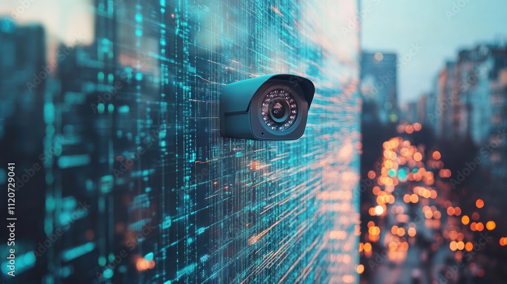 Poster security camera mounted on building exterior with city backdrop and digital data stream.