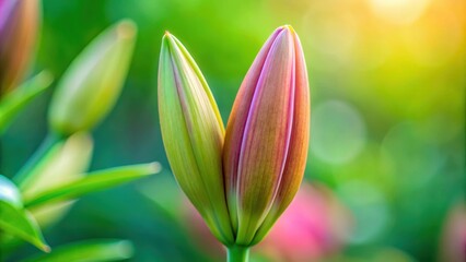 Fototapeta premium Close-up of a lily flower bud, lily, flower, bud, nature, close-up, plant, green, growth, petals, bloom, spring, botany, fresh