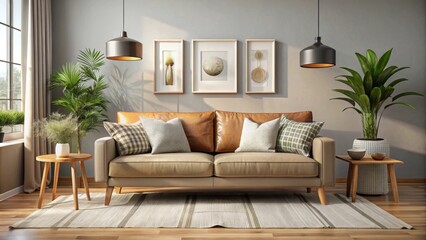 Naklejka premium Comfortable sofa placed in a cozy living room setting, sofa, room, living room, furniture, interior, home, decor, cozy