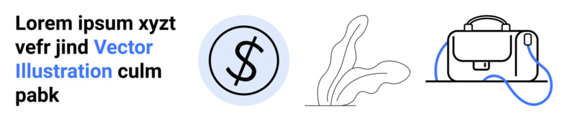 Obraz premium Text block, dollar coin symbol, abstract plant, and sleek briefcase icon. Ideal for finance, business websites, landing pages, advertising, presentations, infographics, corporate identity Landing
