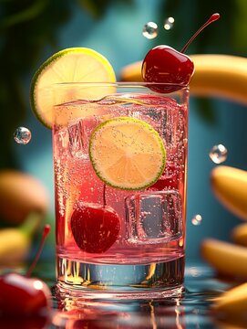 Dreamlike glasses filled with cherry and lime sparkling water, vibrant splashes, ice bubbles, and holographic fluorescent colors against a shimmering water background with blurred tropical leaves and 