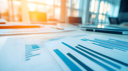 Close-up of financial documents with bar graphs and charts on a desk in a bright office.  Laptop and pen are blurred in the background, suggesting business analysis.