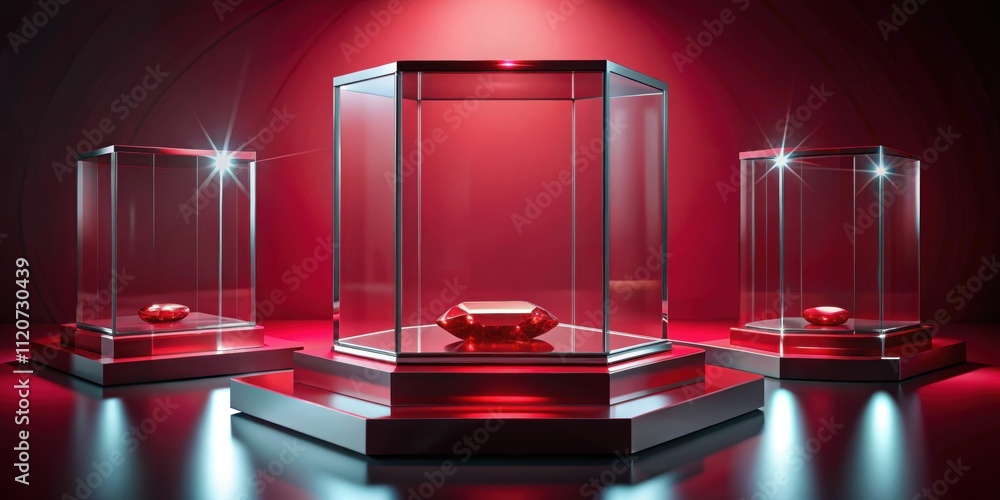 Wall mural red crystal jewelry display podium with glass background for luxury sapphire products, crystal, jewelry, gem, red, display