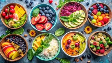 Colorful and nutritious vegan breakfast bowls filled with fresh fruits, vegetables, and plant-based proteins , vegan