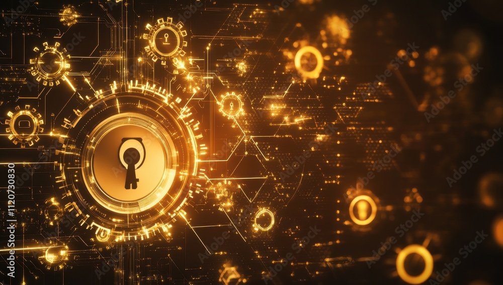 Poster futuristic digital security concept featuring a golden key and intricate network of data streams, sy