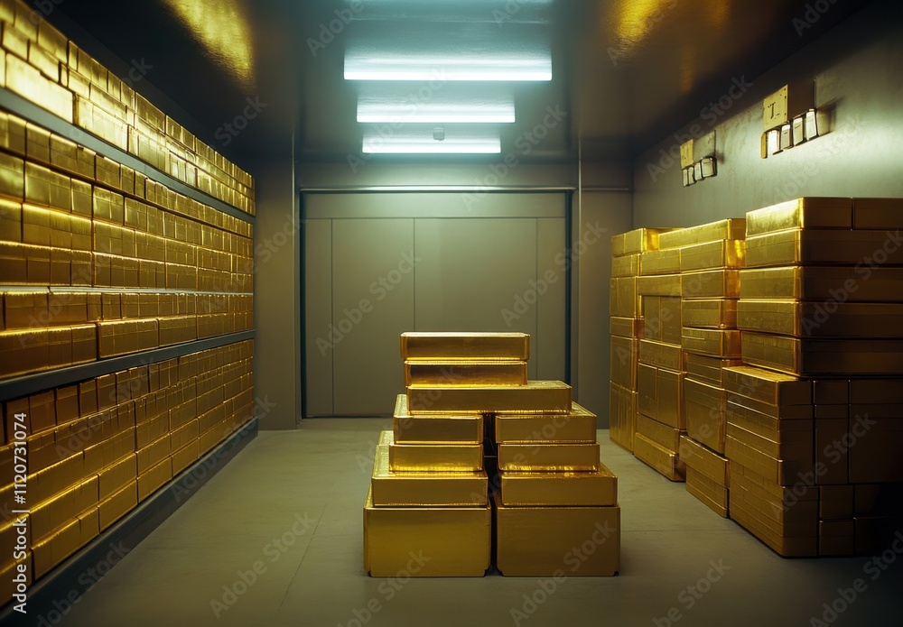 Aufkleber golden bars stacked in a secure vault with bright lighting creating a dramatic atmosphere in a moder