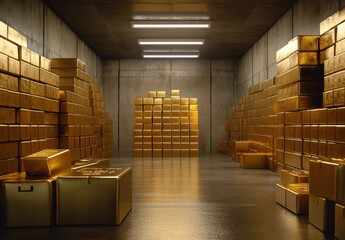 Golden treasure room filled with shiny boxes, reflecting light in a spacious warehouse, ideal for concepts of wealth, success, finance, and luxury living environments.